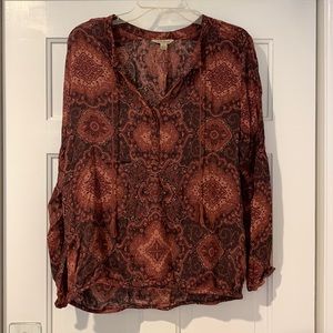 Lucky Brand Deep Red Paisley Pattern Blouse w/Tassles